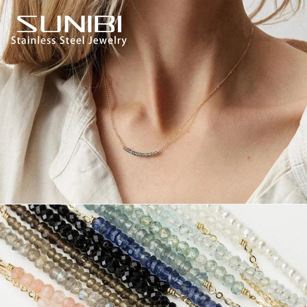 SUNIBI Stainless Steel Necklace for Women Tiny Imitation Pearls Crystals Gold Color Neck Chain Pendant Necklace Fashion Jewelry