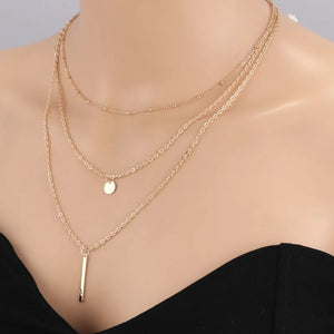 New Women Fashion Gold Color 3 Layers Chain Necklace