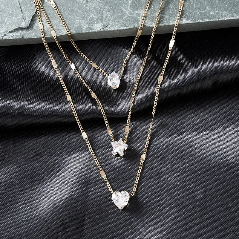 Fashion Crystal Zircon Heart Star Charm Layered Pendant Necklace Set for Women Charms Square Rhinestone Female Vintage Jewelry