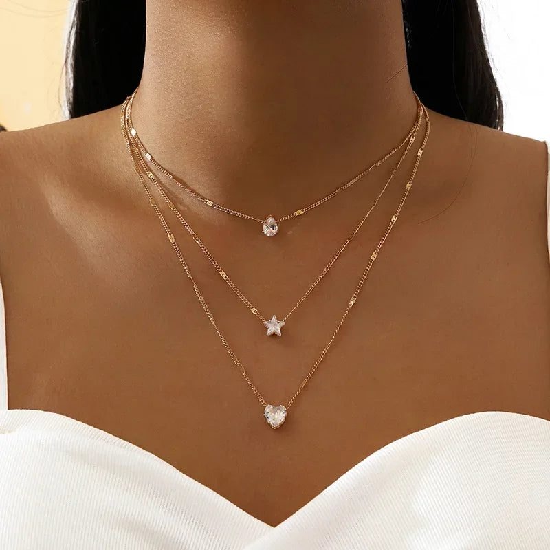 Fashion Crystal Zircon Heart Star Charm Layered Pendant Necklace Set for Women Charms Square Rhinestone Female Vintage Jewelry